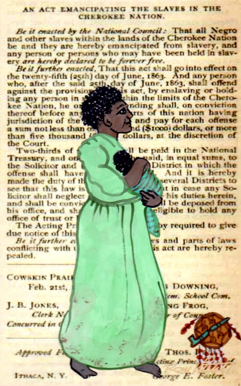 In 1861, Principal Chief John Ross tried desperately to keep the Cherokee Nation out of the white man's war. By the end of the summer a treaty was negotiated with the Confederacy.  In spite of the alliance with the Confederacy, many Cherokee had no affection for the Southern States who had forced them from their homeland in the East. Ross traveled to Washington to try to convince President Lincoln that the Confederate Treaty was signed under duress and the majority of Cherokee were loyal to the Union. The National Council rescinded the Confederate Treaty and emancipated slaves in the Cherokee Nation. However, it was another year before Federal Troops effectively controlled the Cherokee Nation. The Nation was essentially a no-man's land. While thousands of Loyal Cherokee refugees were starving in Kansas, the families of the Southern Cherokee were refugees in Texas and Arkansas.